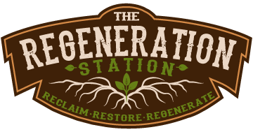 Logo for The Regeneration Station with a tree and roots, and the motto 'Reclaim, Restore, Regenerate'.