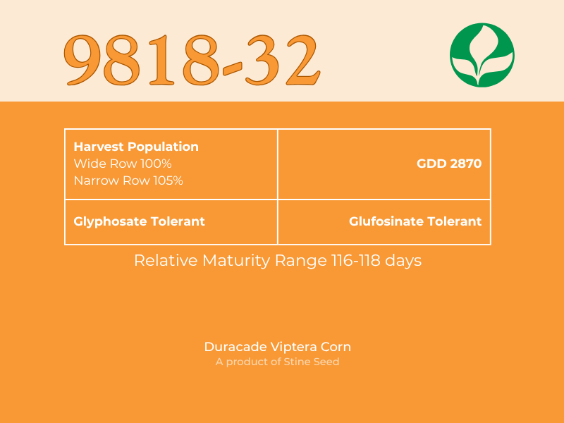 Infographic label for 9818-32, a Duracade Viptera corn seed. It is glyphosate and glufosinate tolerant, with a GDD of 2870 and a maturity range of 116-118 days. A product of Stine Seed, featuring their green leaf logo.