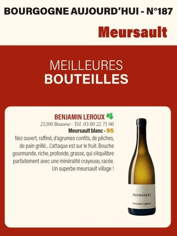 On parle de nous dans Bourgogne Aujourd&rsquo;hui: 95 points pour notre 2023 Meursault village dans leur &eacute;dition No.187 !
A lire ici: https://www.bourgogneaujourdhui.com
🍷🗞️🏆
Check us out in Bourgogne Aujourd&rsquo;hui: our 2023 Meursault v