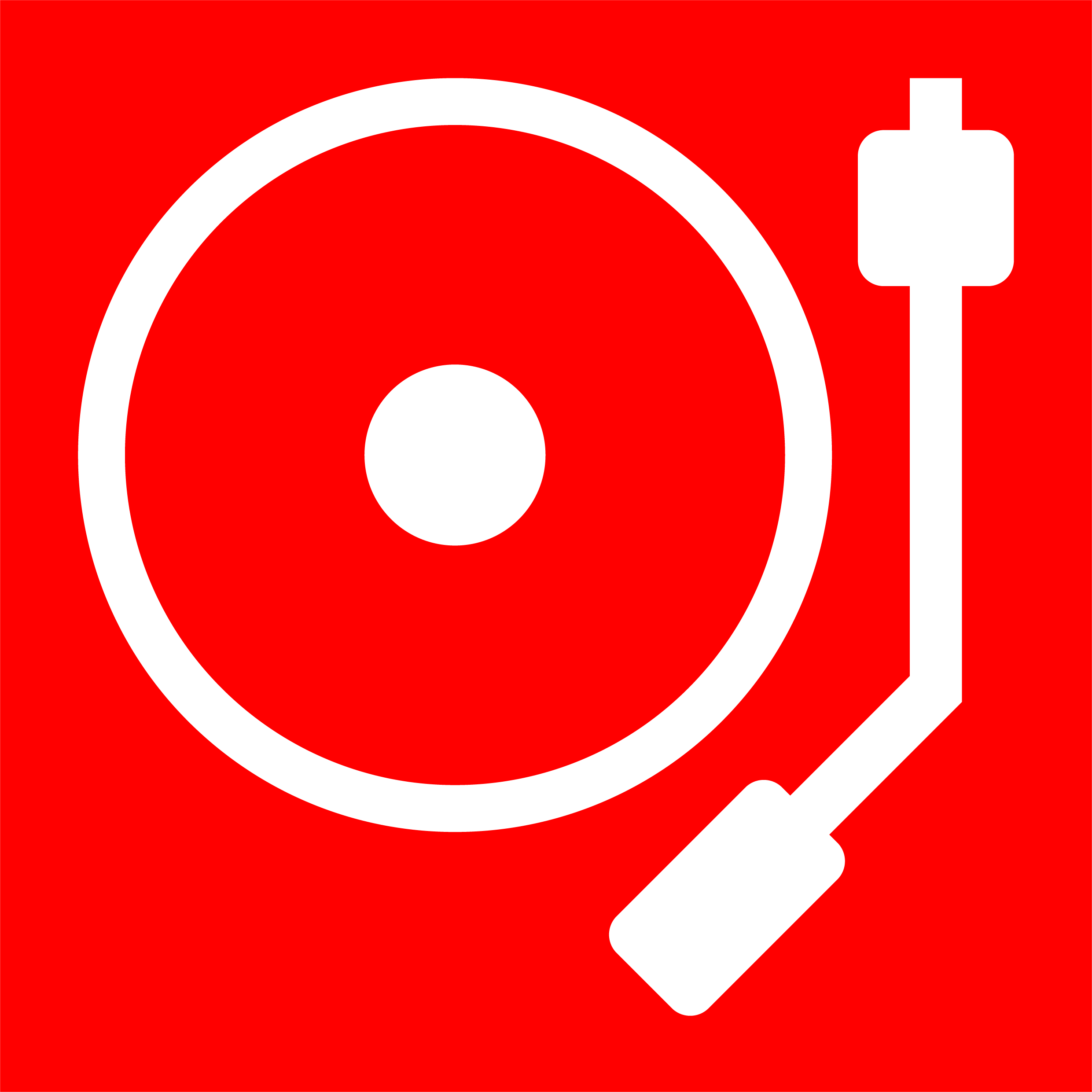 A record player symbol with a red background, white circle.