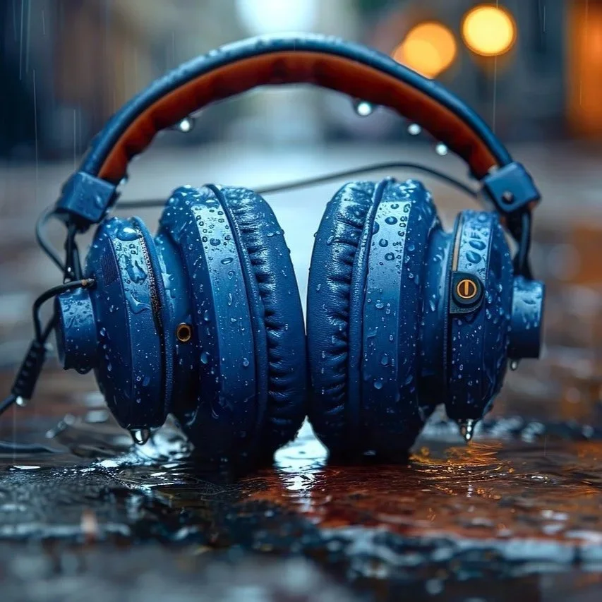 Blue over-ear headphones with water droplets on them, resting on a wet surface with blurred city lights in the background.