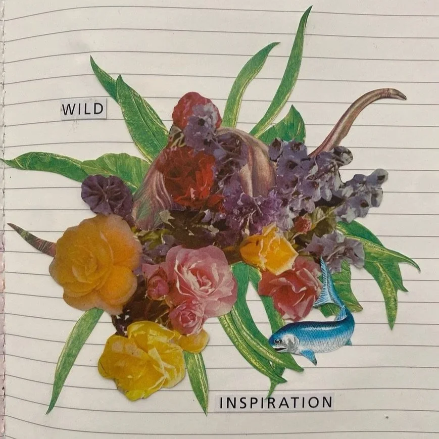 A collage of various paper flowers, leaves, a fish, and the words 'WILD' and 'INSPIRATION' on lined paper.