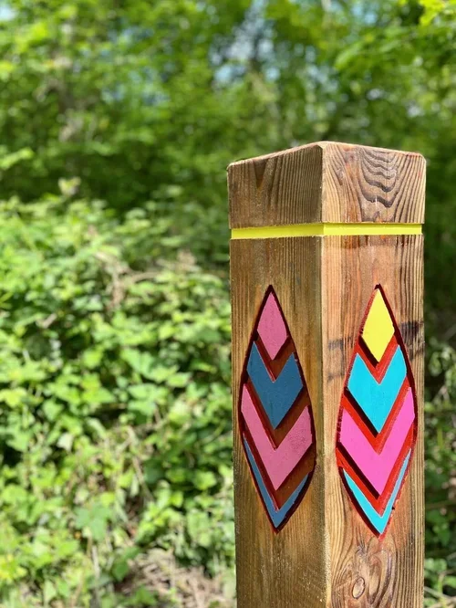 Colourful painted designs on a wooden post outdoors with green foliage in the background.