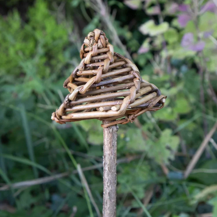 A small woven wicker sculpture in the shape of a fish, mounted on a stick in a natural outdoor setting.