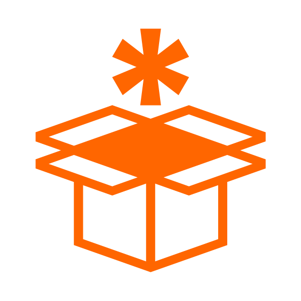 Open box with a starburst above it, all in orange.