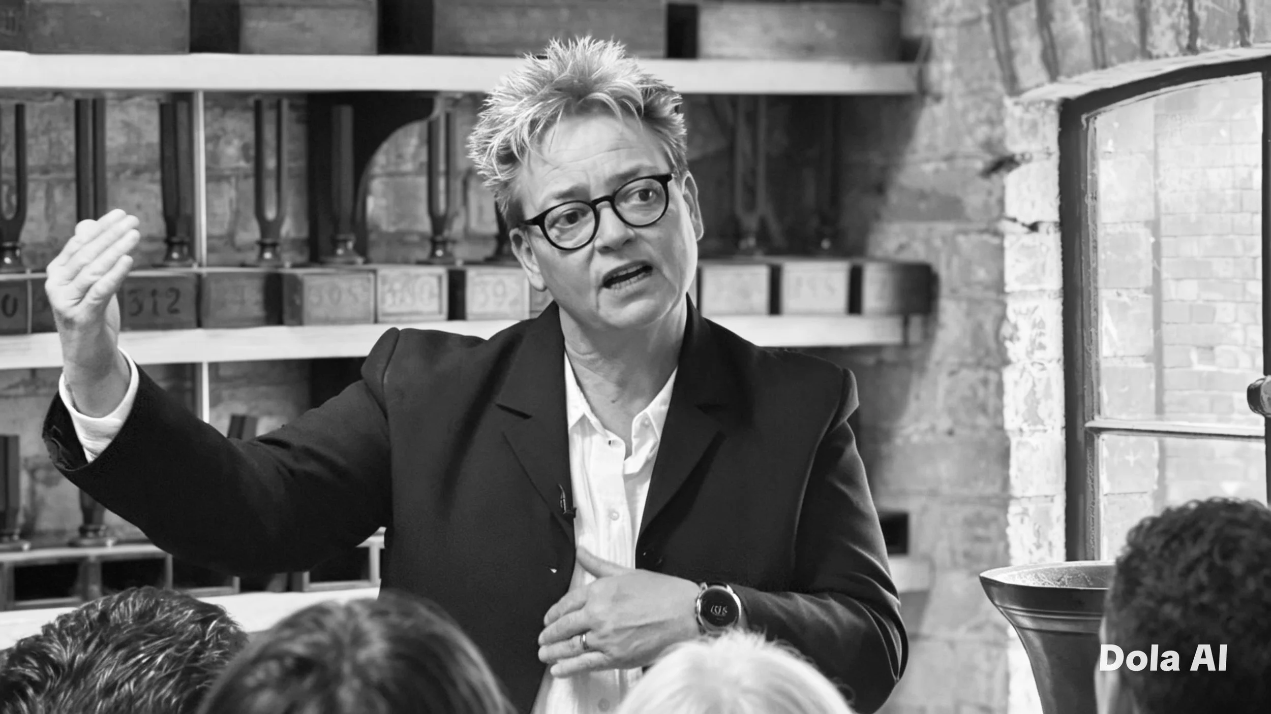 A black-and-white photo of Shirley Novak at a speaking engagement with a focused expression.