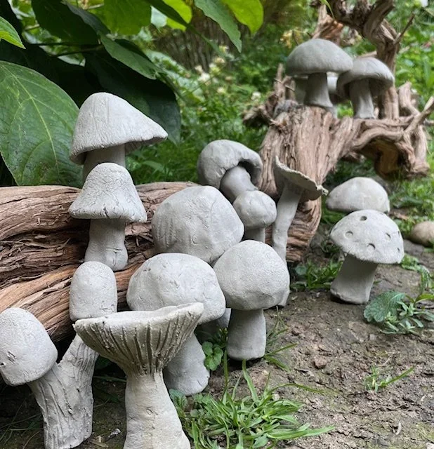 Collection of white mushroom-shaped sculptures of varying sizes arranged on soil and a piece of driftwood in a garden.