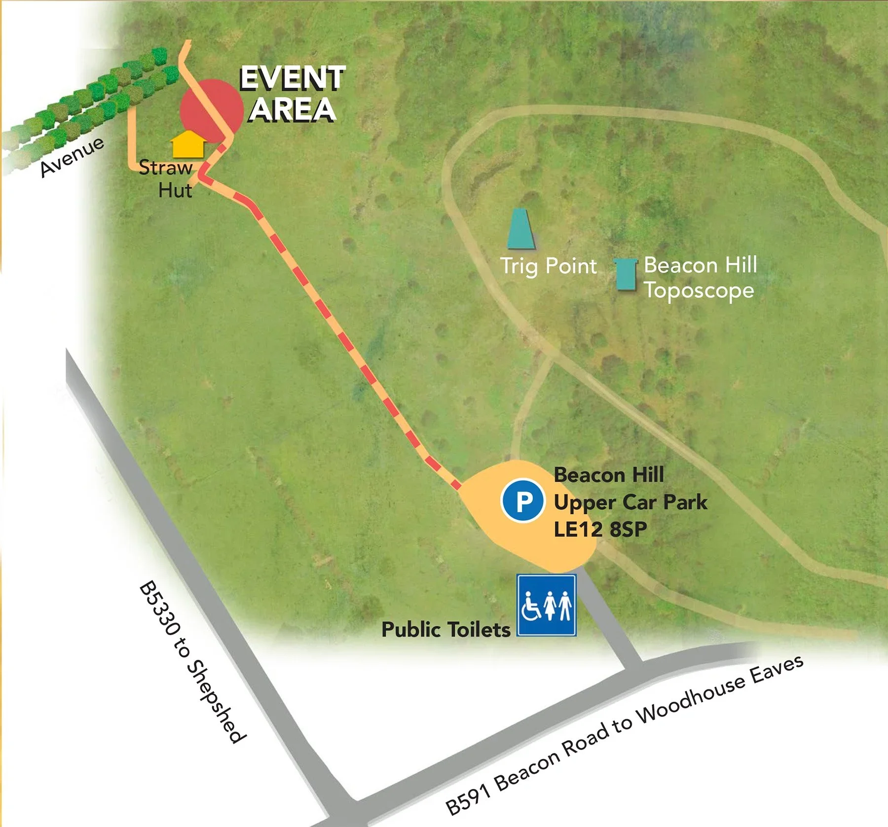 Map of Beacon Hill area showing event location, parking, toilets, and nearby points of interest including Trig Point and Beacon Hill Toposcope.
