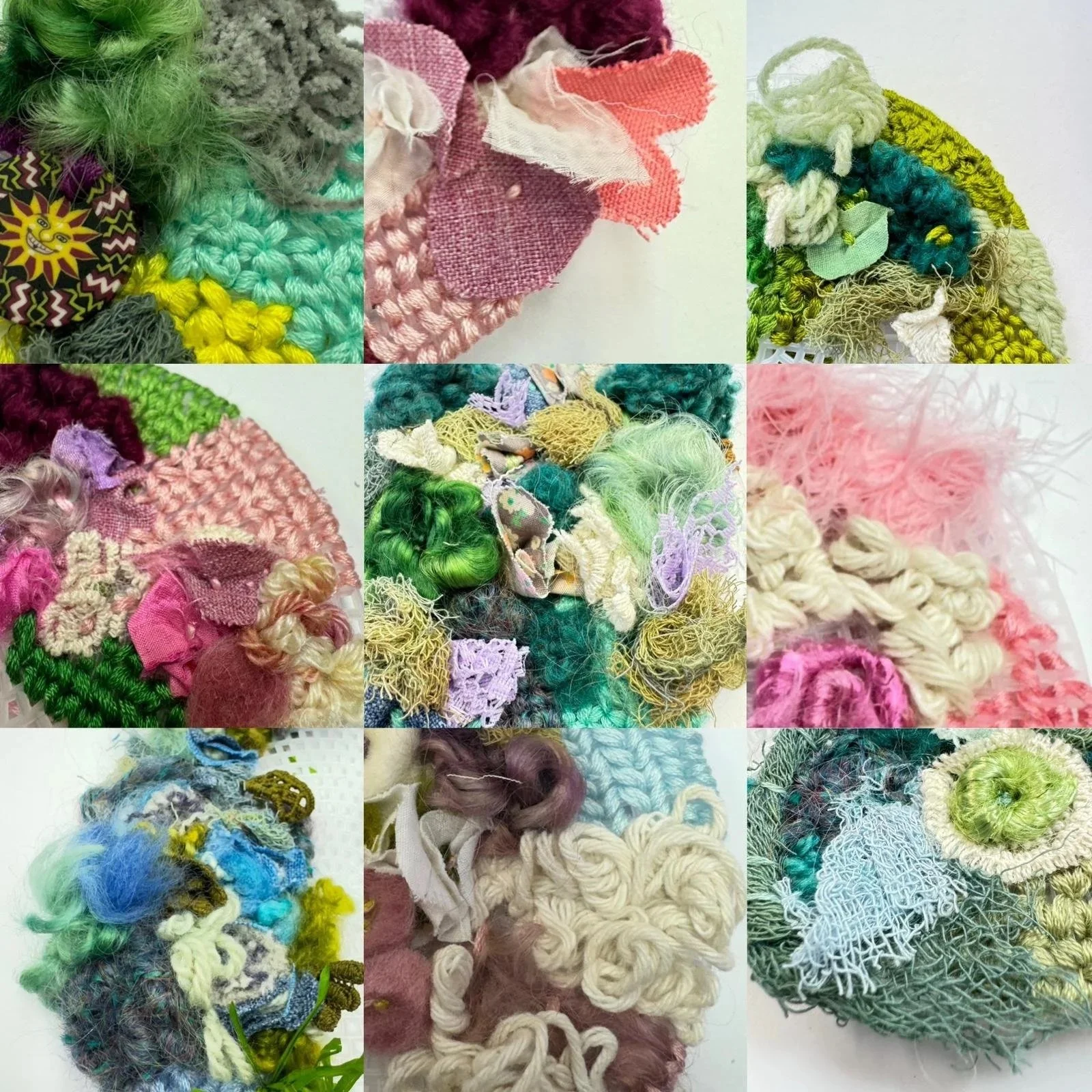 Collage of twelve close-up images of various colorful textile art pieces, featuring yarn, fabric scraps, and mixed fibres.