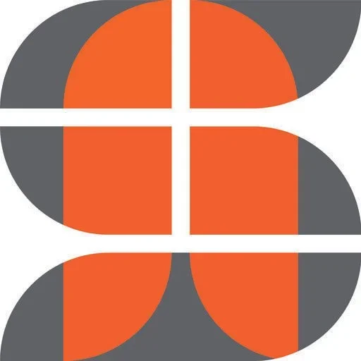 Stylized geometric design with orange and dark gray shapes resembling butterfly or flower patterns.