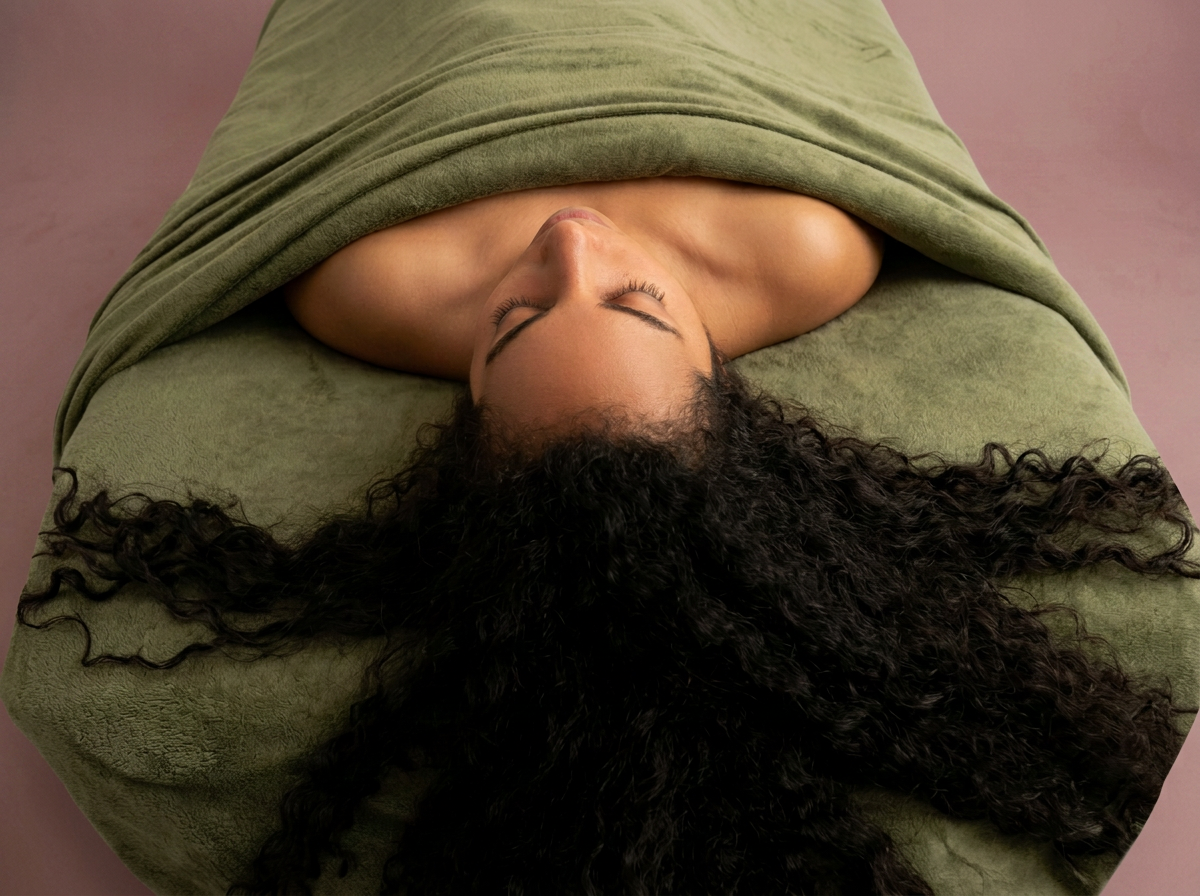 A woman lying on a massage table, covered with a green towel, with her eyes closed, long dark curly hair spread out, and her face relaxed.