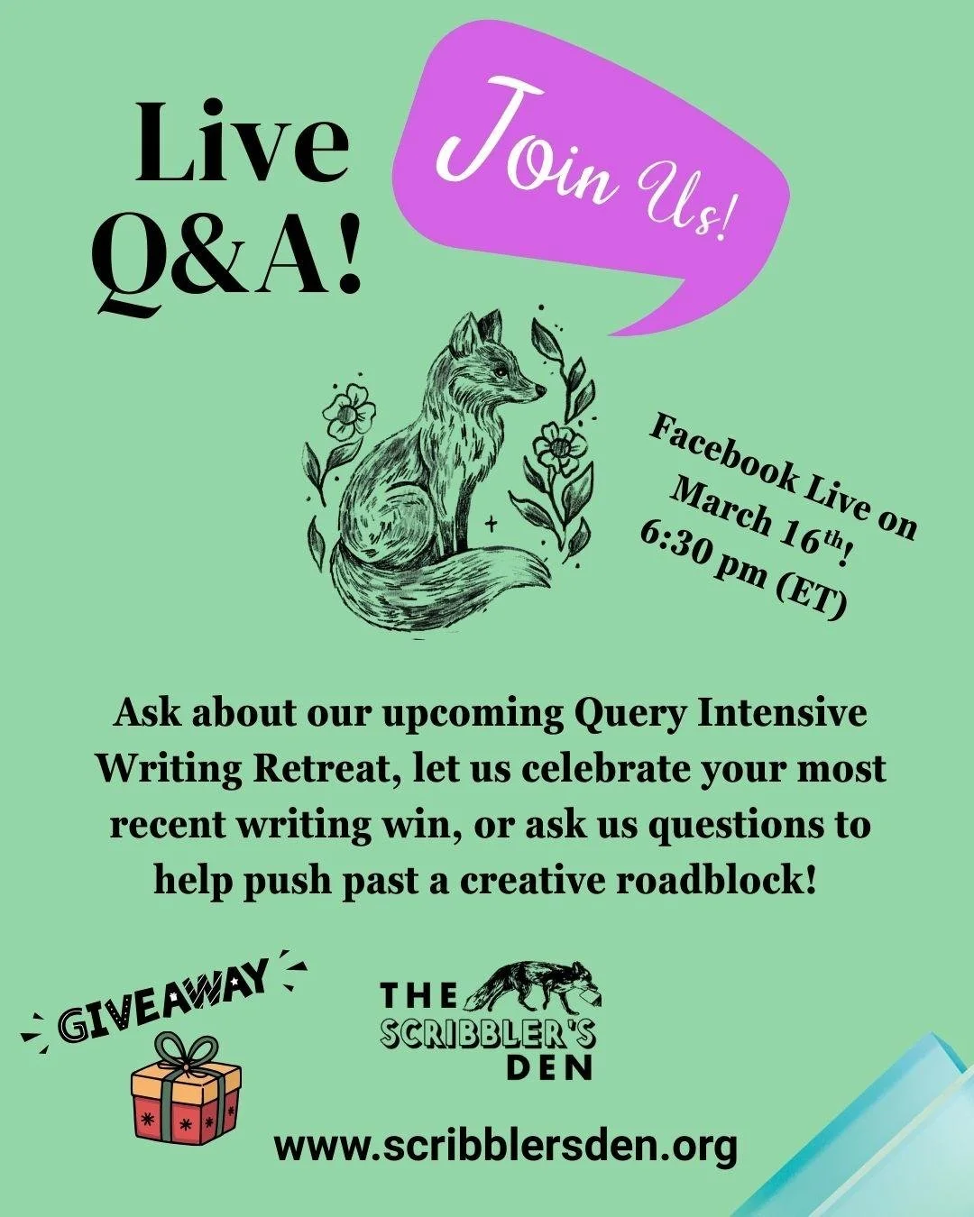 Come chat with us! Find us on Facebook and hit "going" on our March 16 Live Event! We want to talk all things writing with you. Whether its celebrating a writing win, or working through a brainstorm on your current project. And Querying? Di