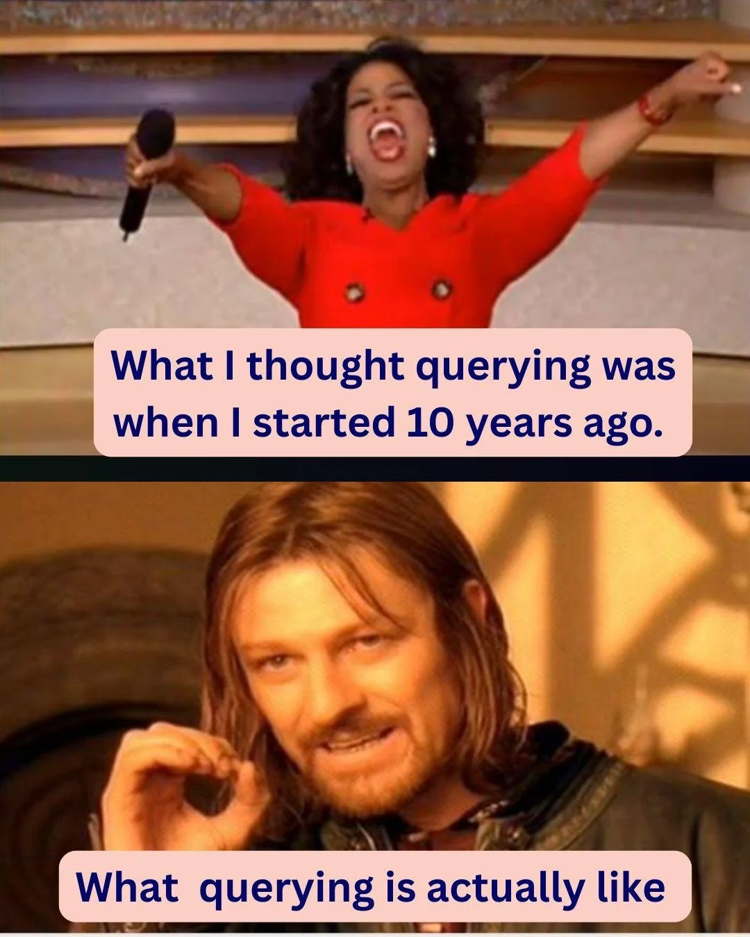 What was your querying A-Ha! moment? I was convinced it was going to be like YOU GET AN AGENT! AND YOU GET AN AGENT! EVERYONE GETS AN AGENT!! And now I've realized that "One does not simply get an agent" is the truer version. It's rough out