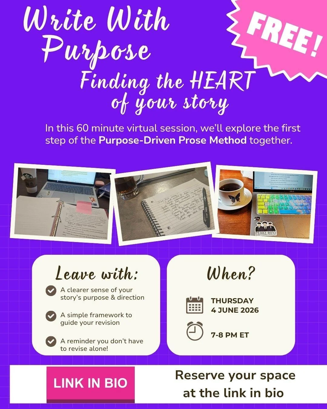Get you FREE TICKET!! Link in bio We want to help you reconnect with the heart of your story to help drive your revision. Knowing your "why" can help you streamline the revision purpose and tighten the threads of your manuscript. This 60 mi