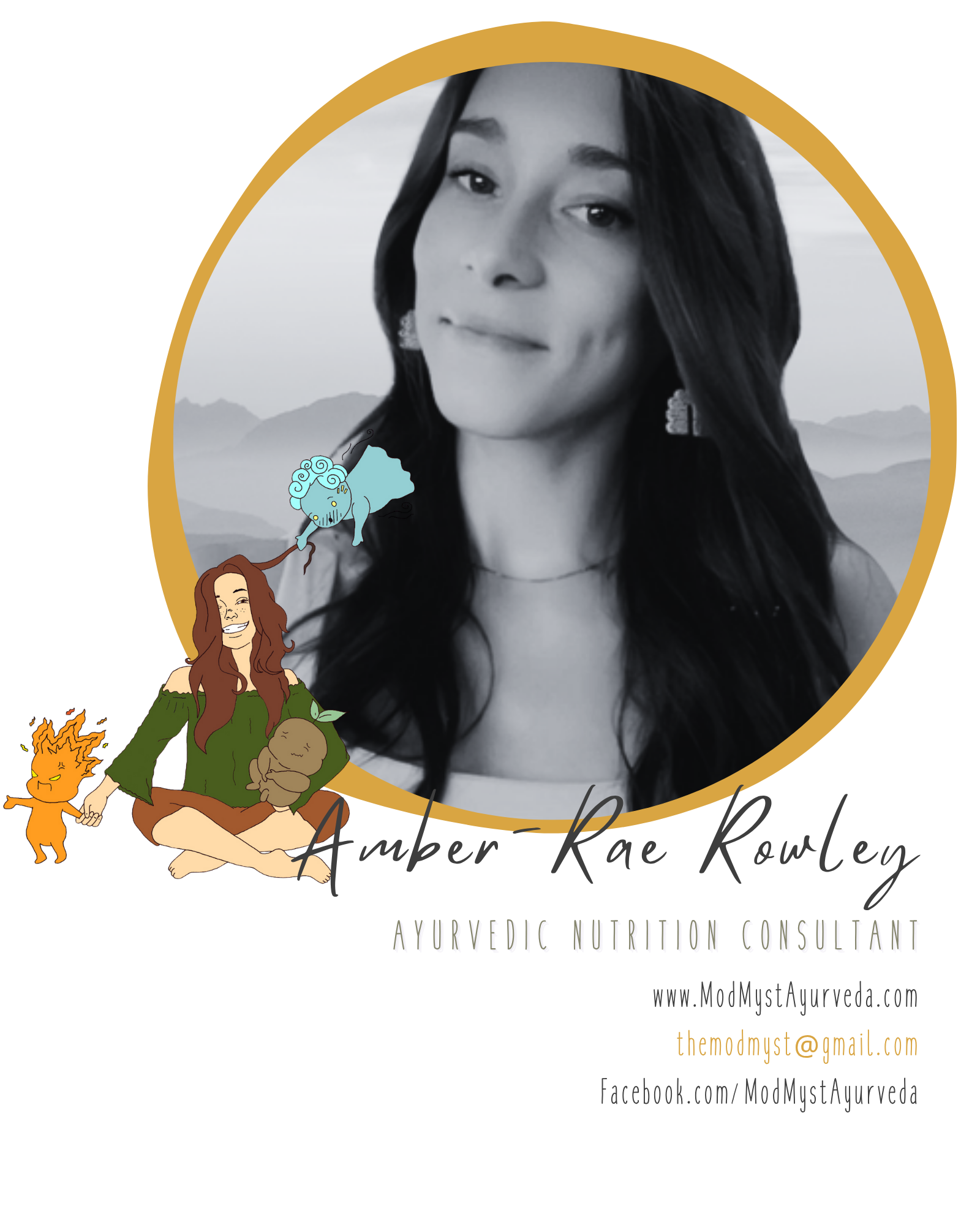 Black and white portrait of a woman with long dark hair, smiling slightly. Decorative illustrated characters surround the portrait, including a cartoon woman with long hair and a baby, along with other whimsical characters, with mountains in the background.