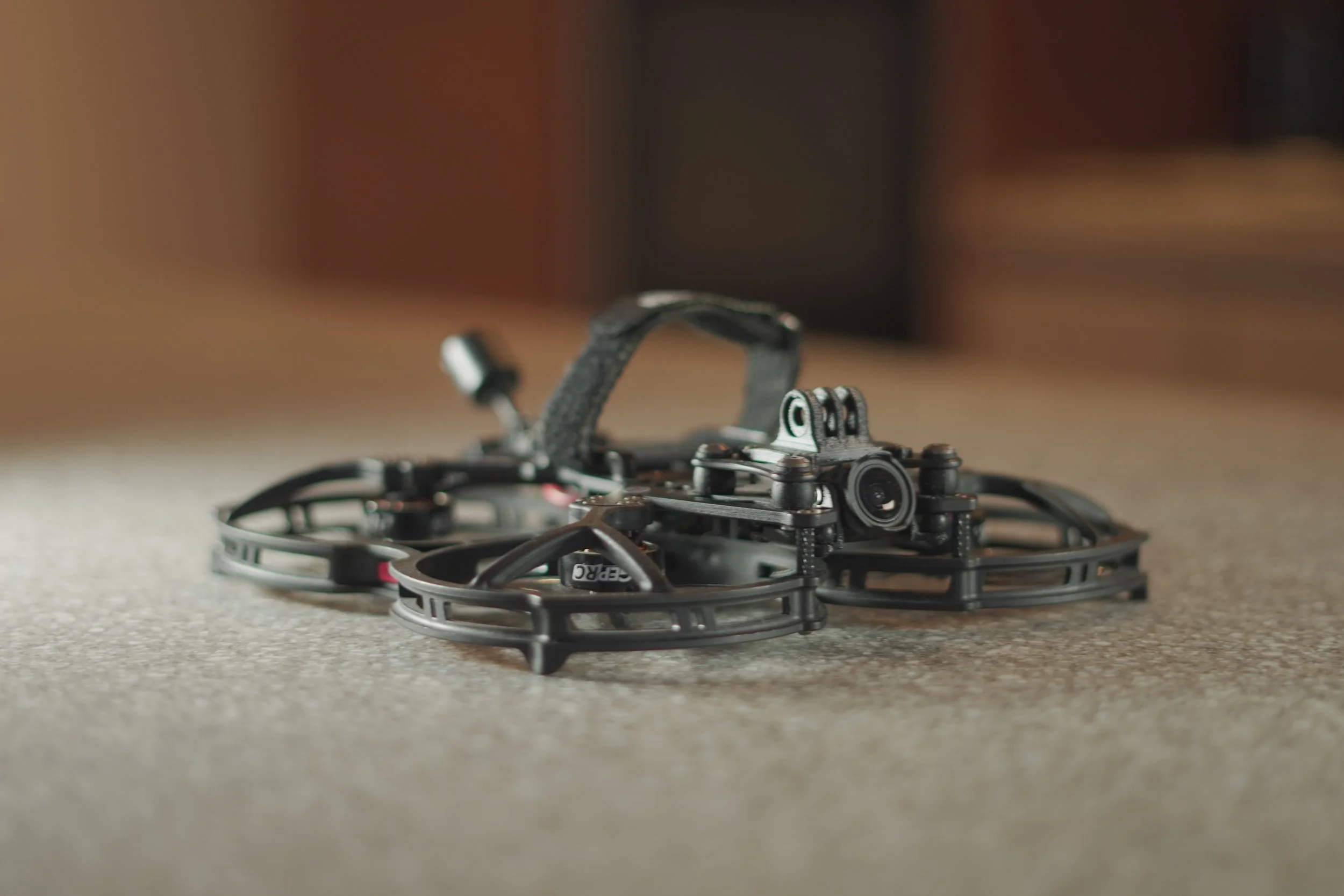 Custom Cinewhoop drone, specifically used for real estate tours, close proximity shots and commercial warehouse tours