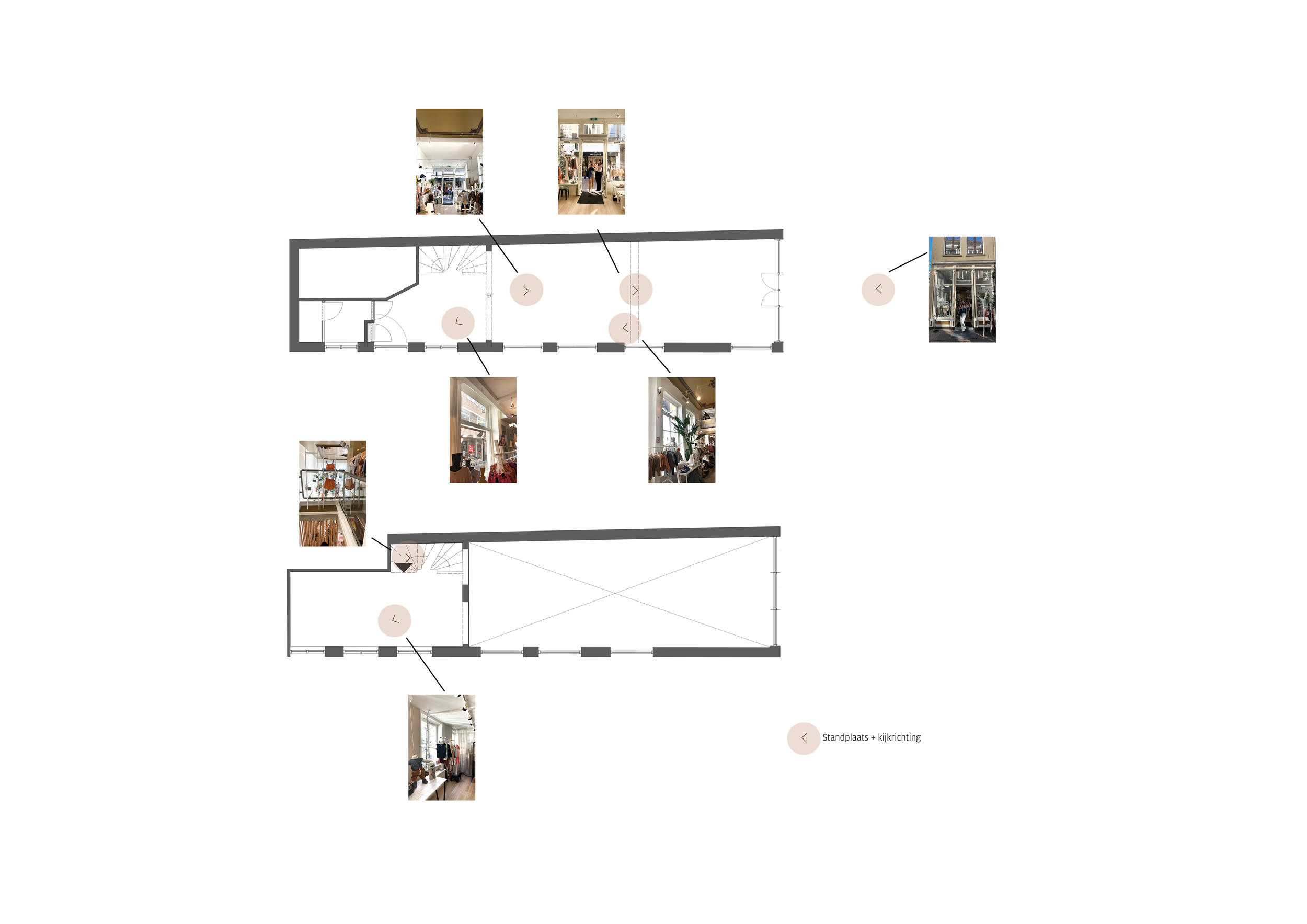 Plattegrond van een gebouw met verschillende foto's van interieur en gevelplaatsen. De foto's worden verbonden met cirkels en pijlen die de locaties aangeven.