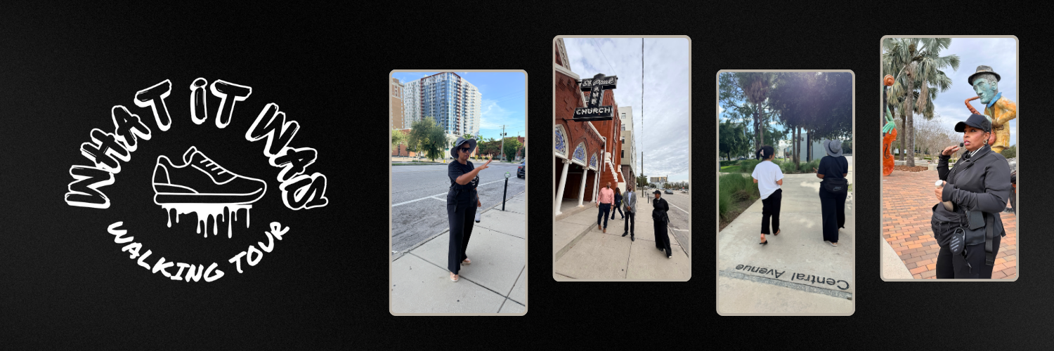 People walking in different outdoor locations during the WHAT IT WAS WALKING TOUR in Tampa