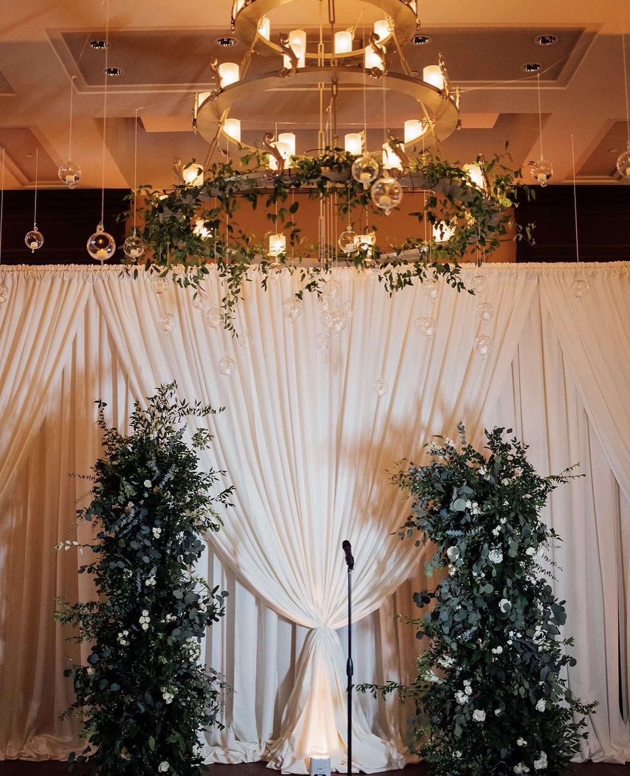 Pipe & Drape Backdrop with Design, Ivory Satin