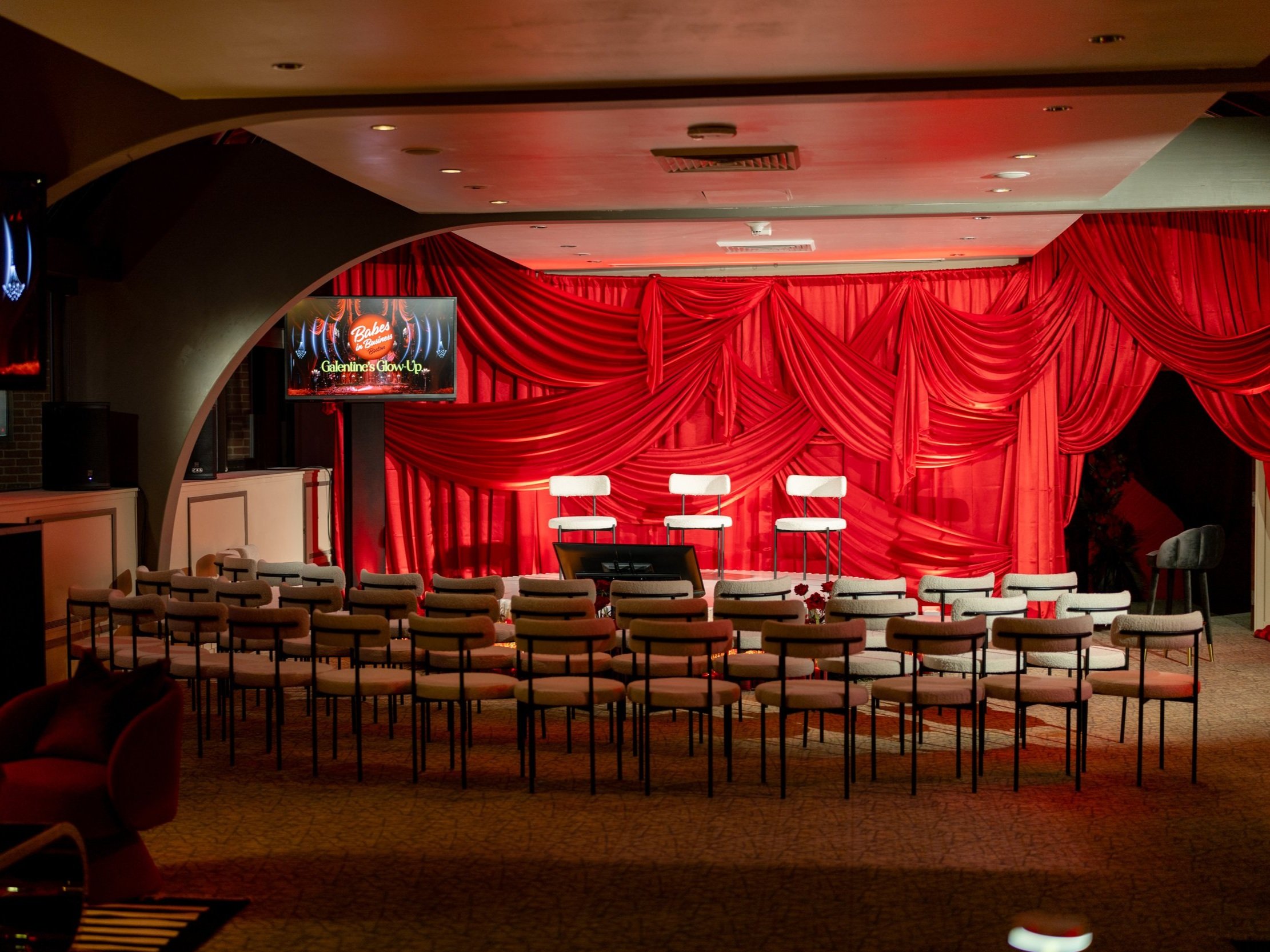 Pipe & Drape Stage Backdrop with Design, Apple Red Satin