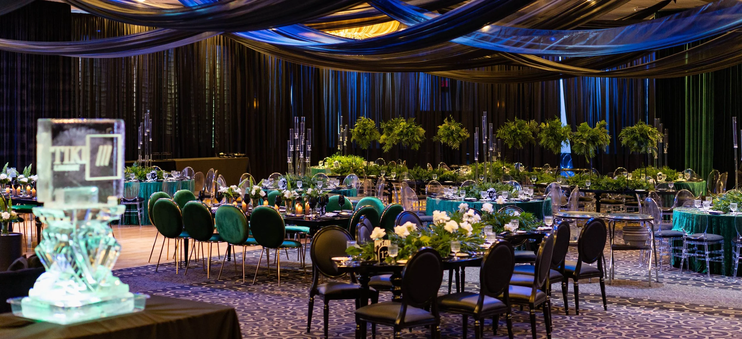 Wall to Wall Drape, Chaotic Ceiling Drape, Black Satin