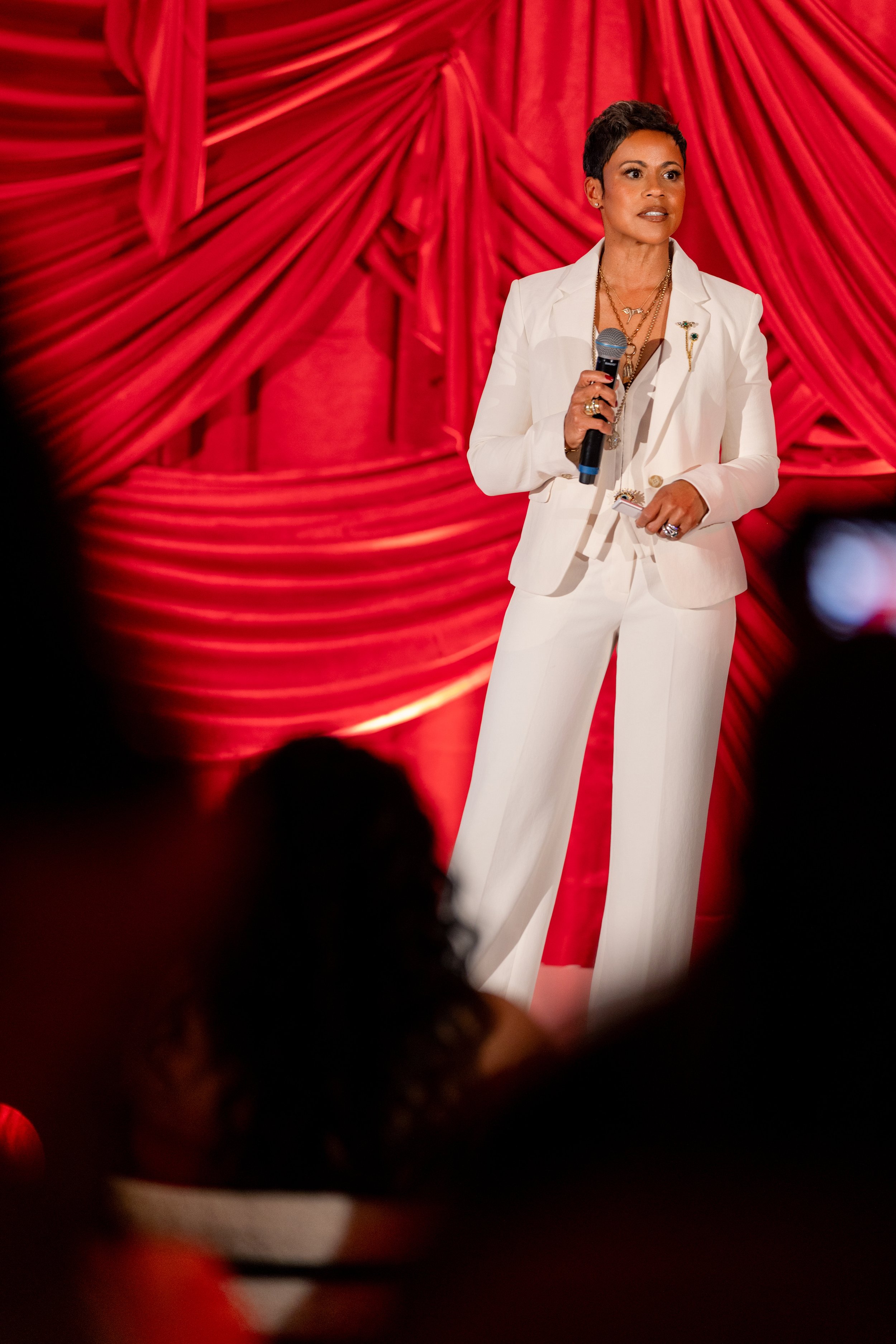 Pipe & Drape Stage Backdrop with Design, Apple Red Satin