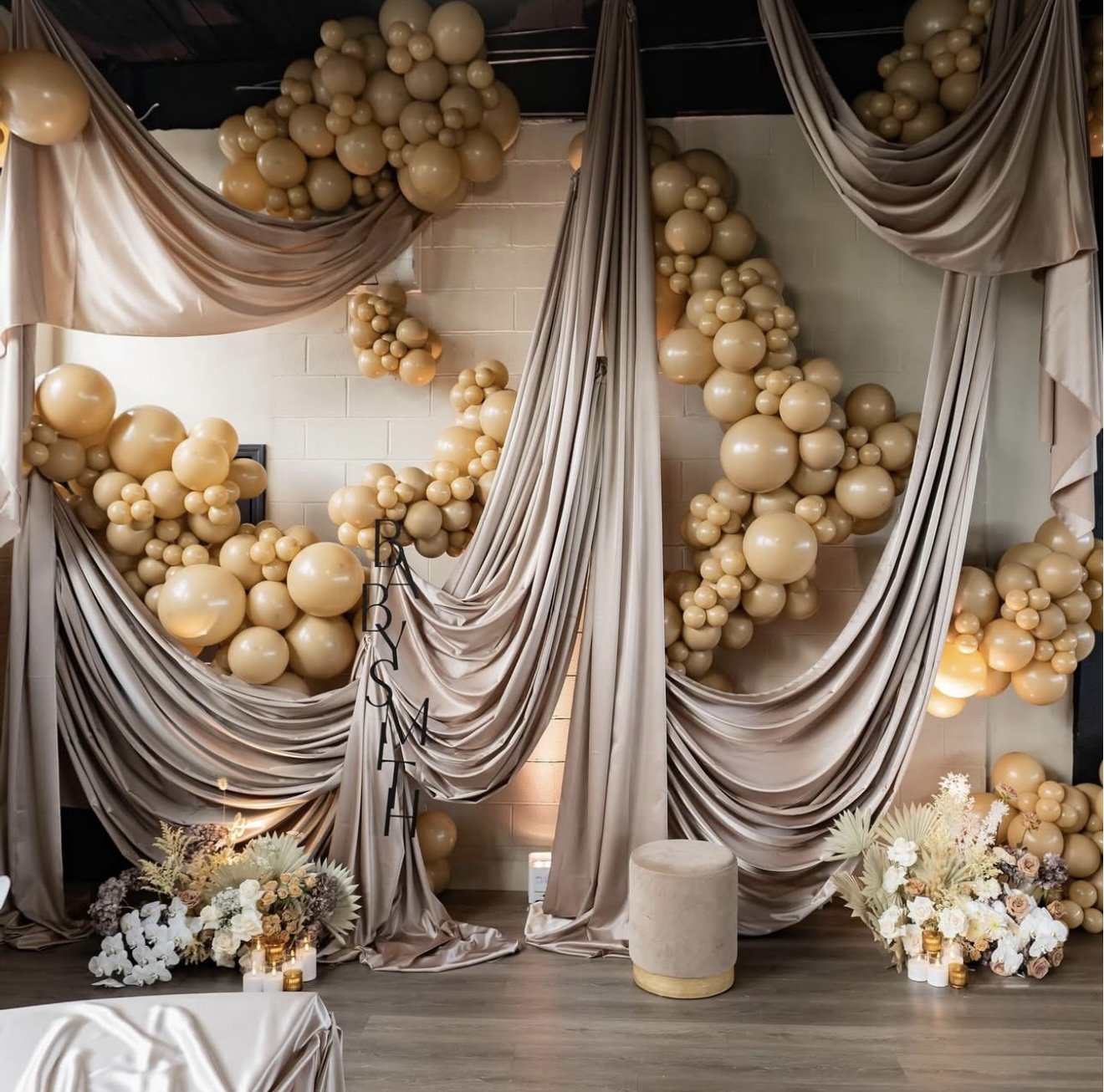 Drape Backdrop, Drape Droplets, Taupe Satin