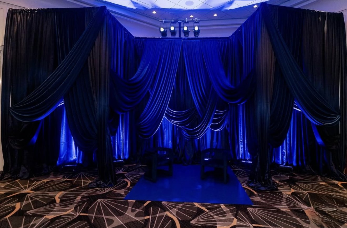 Pipe & Drape Backdrop with Design, Photo Op, Navy Satin