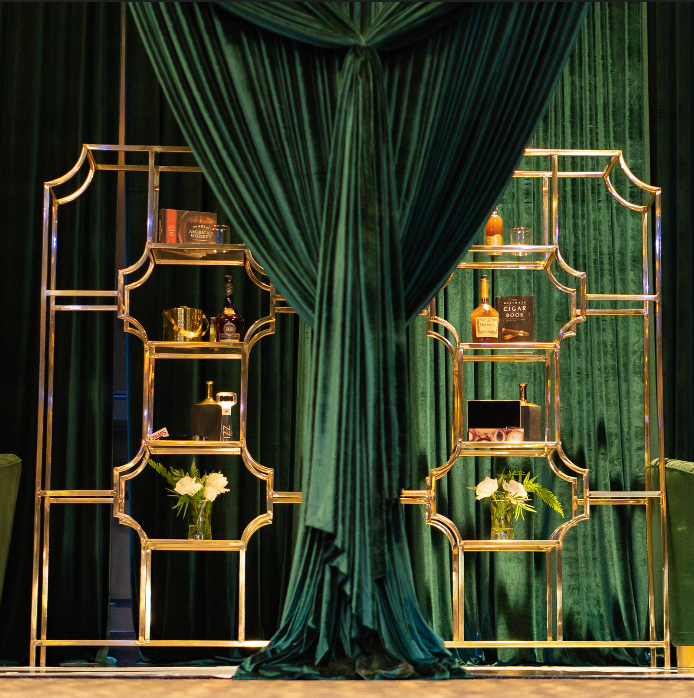 Pipe & Drape Canopy VIP Lounge, Emerald Green Velvet