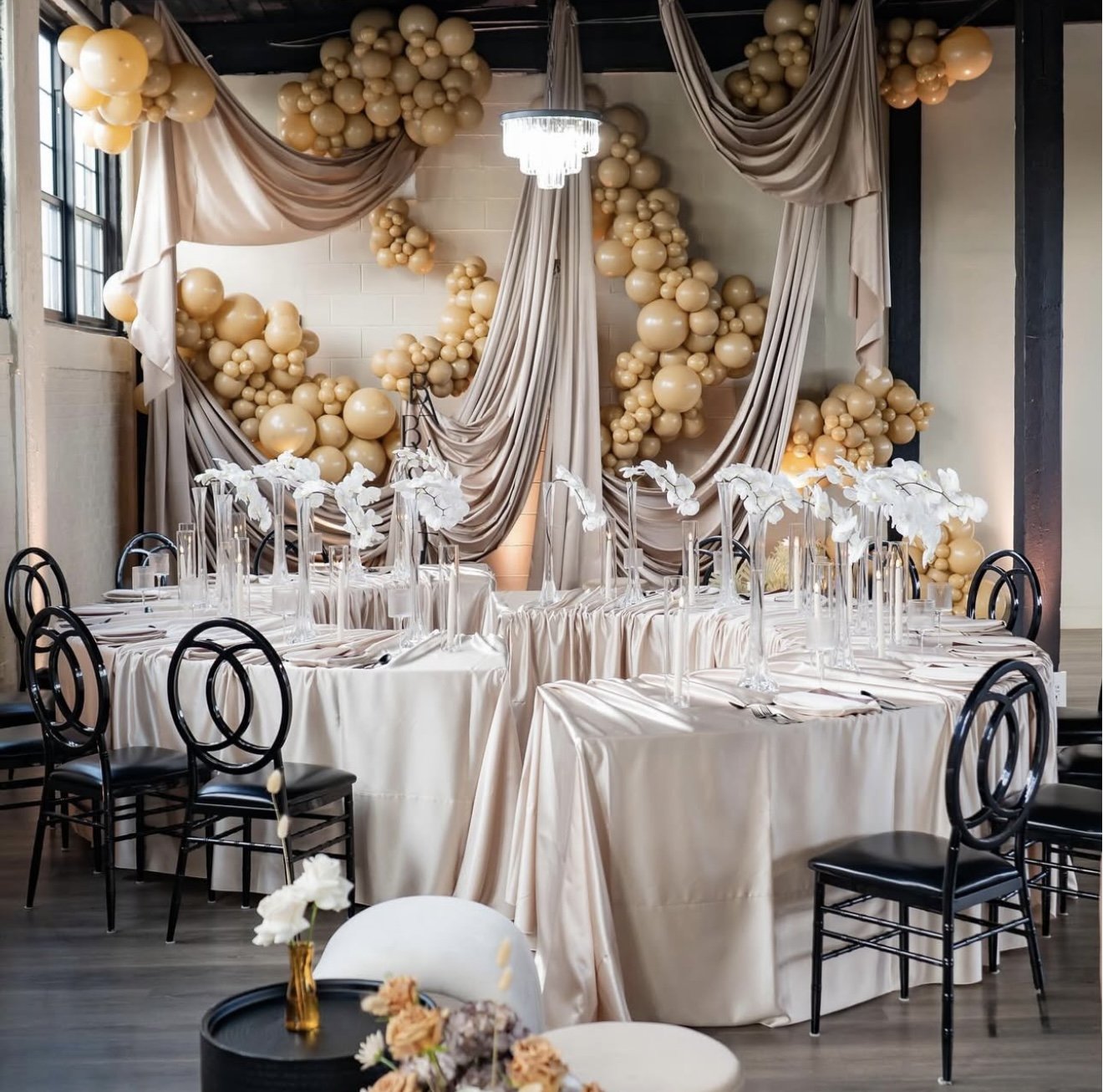 Drape Backdrop, Drape Droplets, Taupe Satin