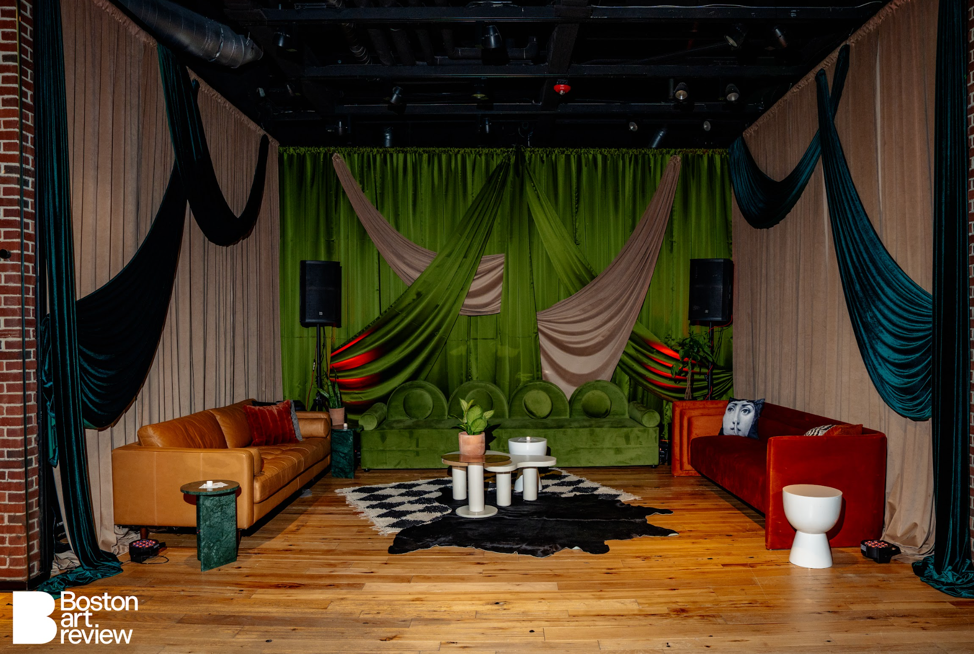Wall to Wall Drape with Design, Moss Satin, Champagne Satin