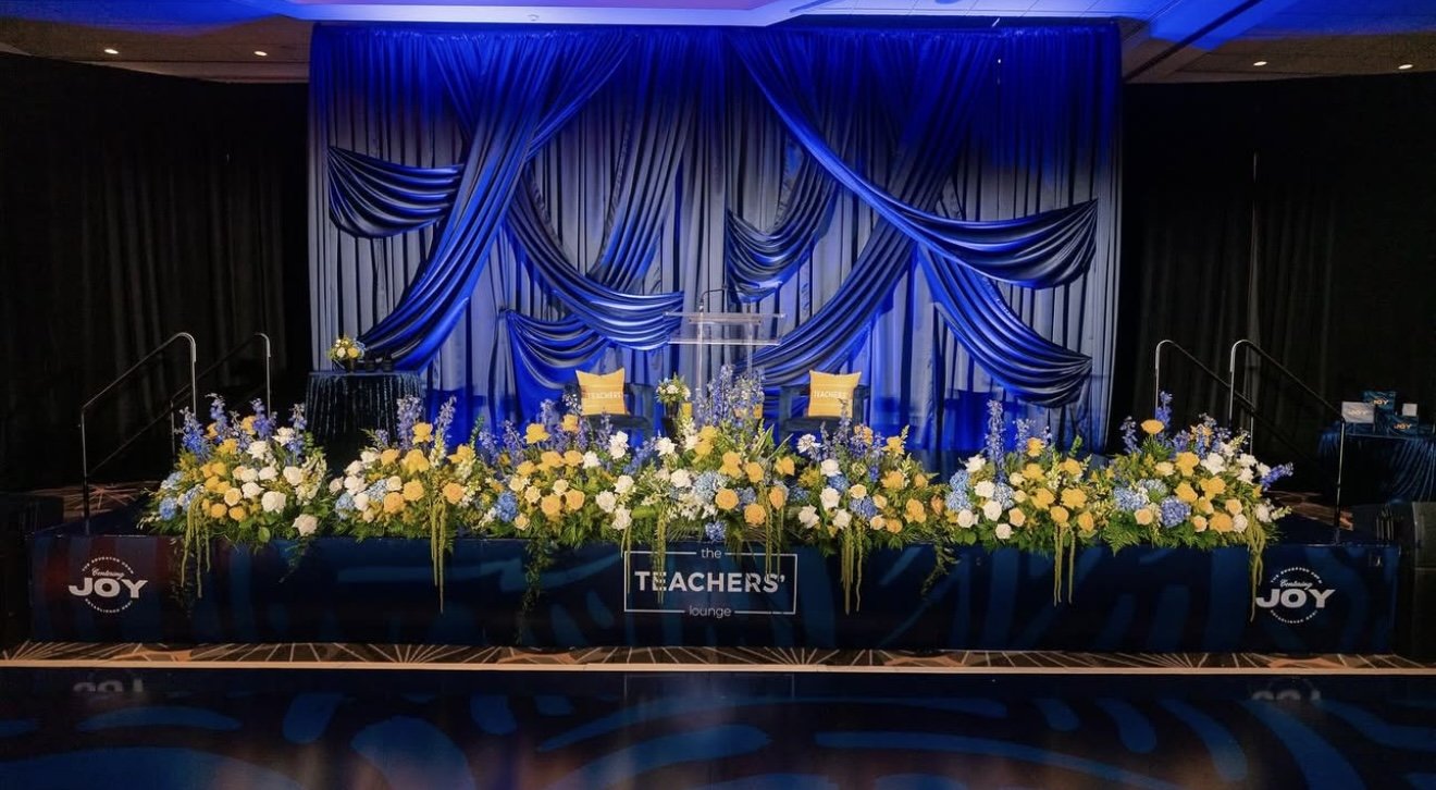 Pipe & Drape Stage Backdrop with Design, Navy Velvet