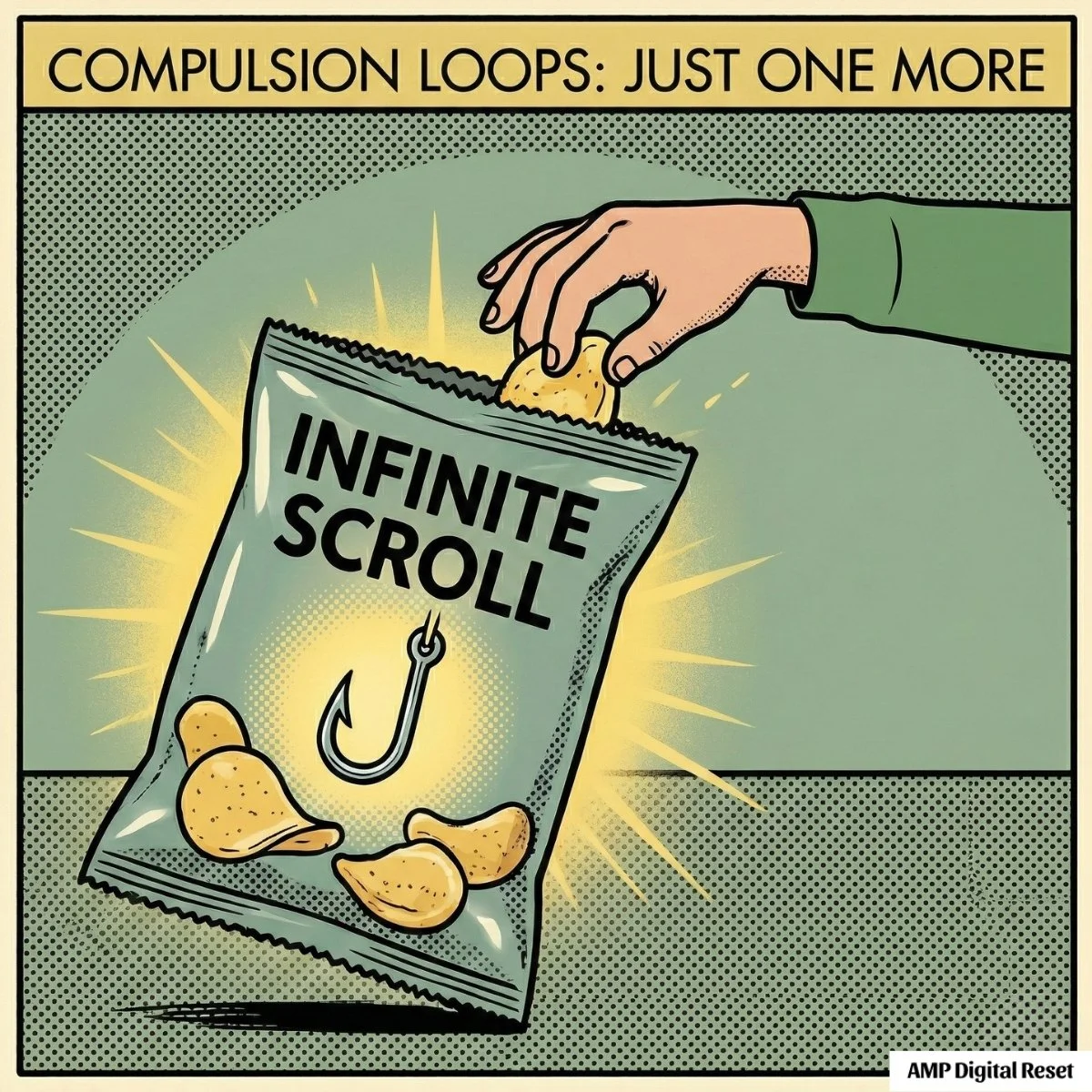 Bag of chips with a fishhook inside — visual metaphor for compulsion loop design in kids apps and YouTube