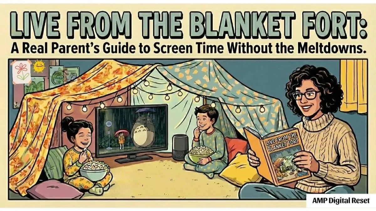 Parent and children in cozy blanket fort watching screen together - screen time without meltdowns guide