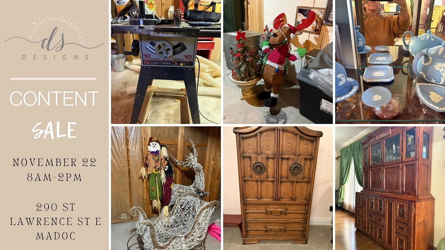 🛋️ MASSIVE CONTENT SALE &mdash; Everything Must Go! 🏠

📍 290 Lawrence St. East, Madoc
📅 Saturday, November 22
🕗 8:00 AM &ndash; 2:00 PM

You don&rsquo;t want to miss this huge content sale packed with incredible finds! Furniture, d&eacute;cor, h