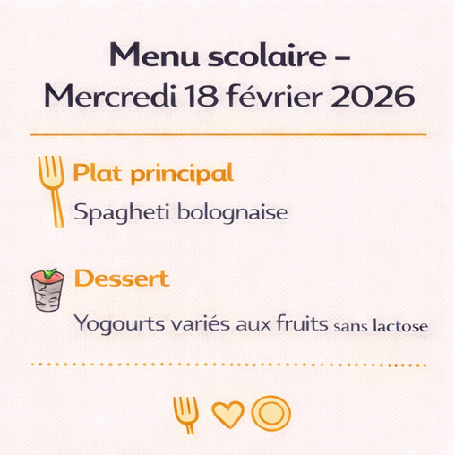 Menu scolaire – Mercredi 18 février 2026