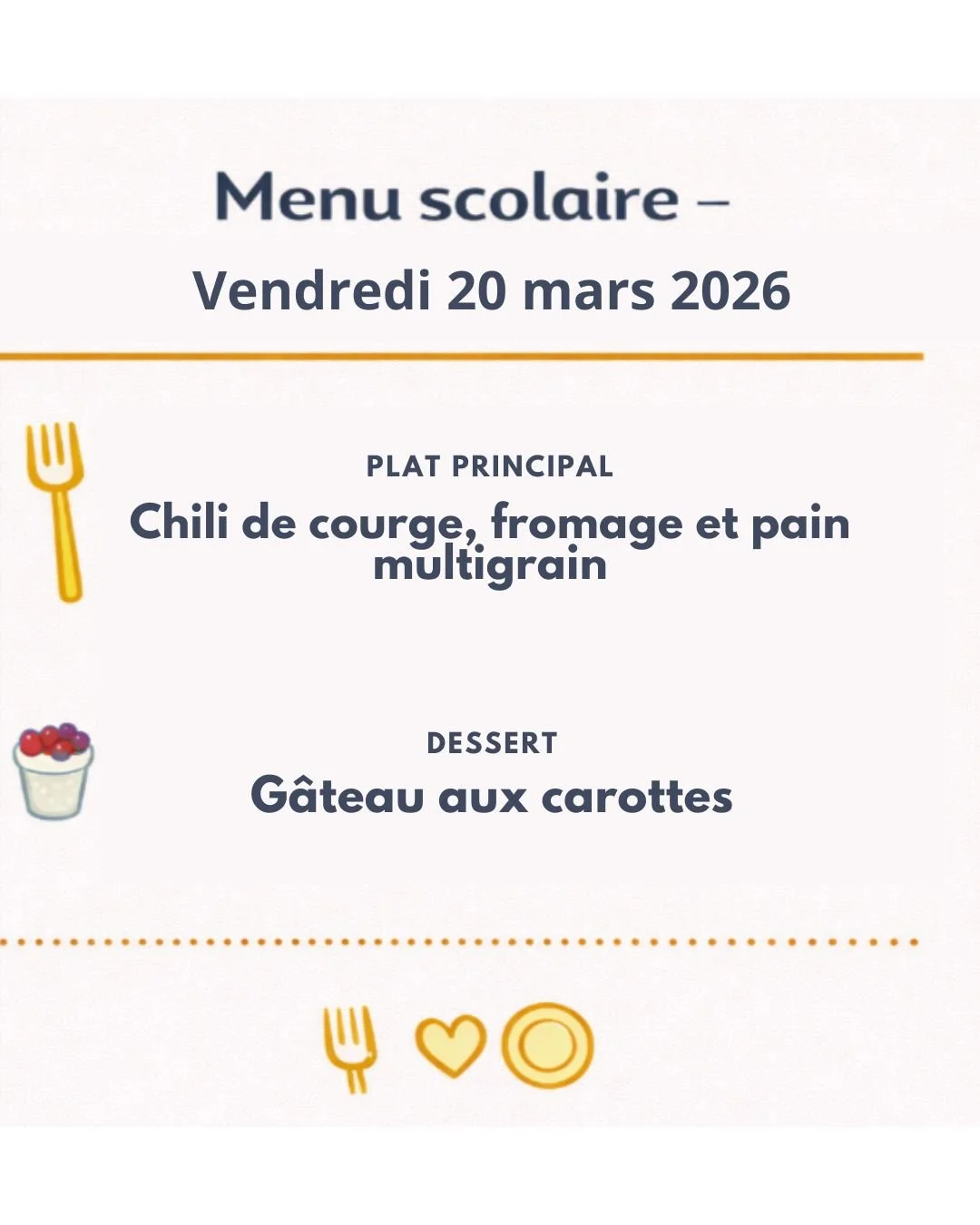 Menu scolaire – Vendredi 20 mars 2026