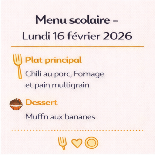 Menu scolaire – Lundi 16 février 2026