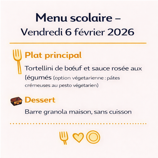 Menu scolaire – Vendredi 6 février 2026