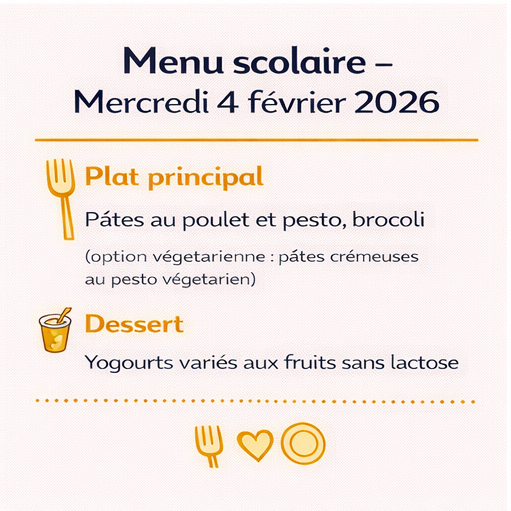 Menu scolaire – Mercredi 4 février 2026