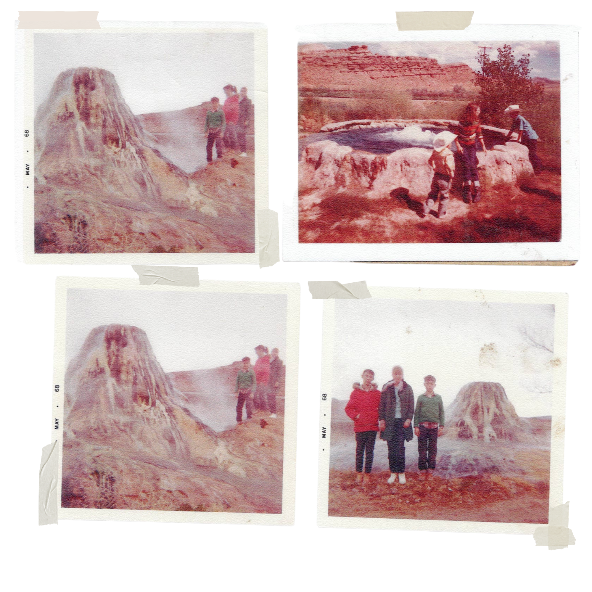 Four vintage color photographs of a group of people exploring a desert landscape with large rock formations, including a mountain and a scorched-looking tree stump.