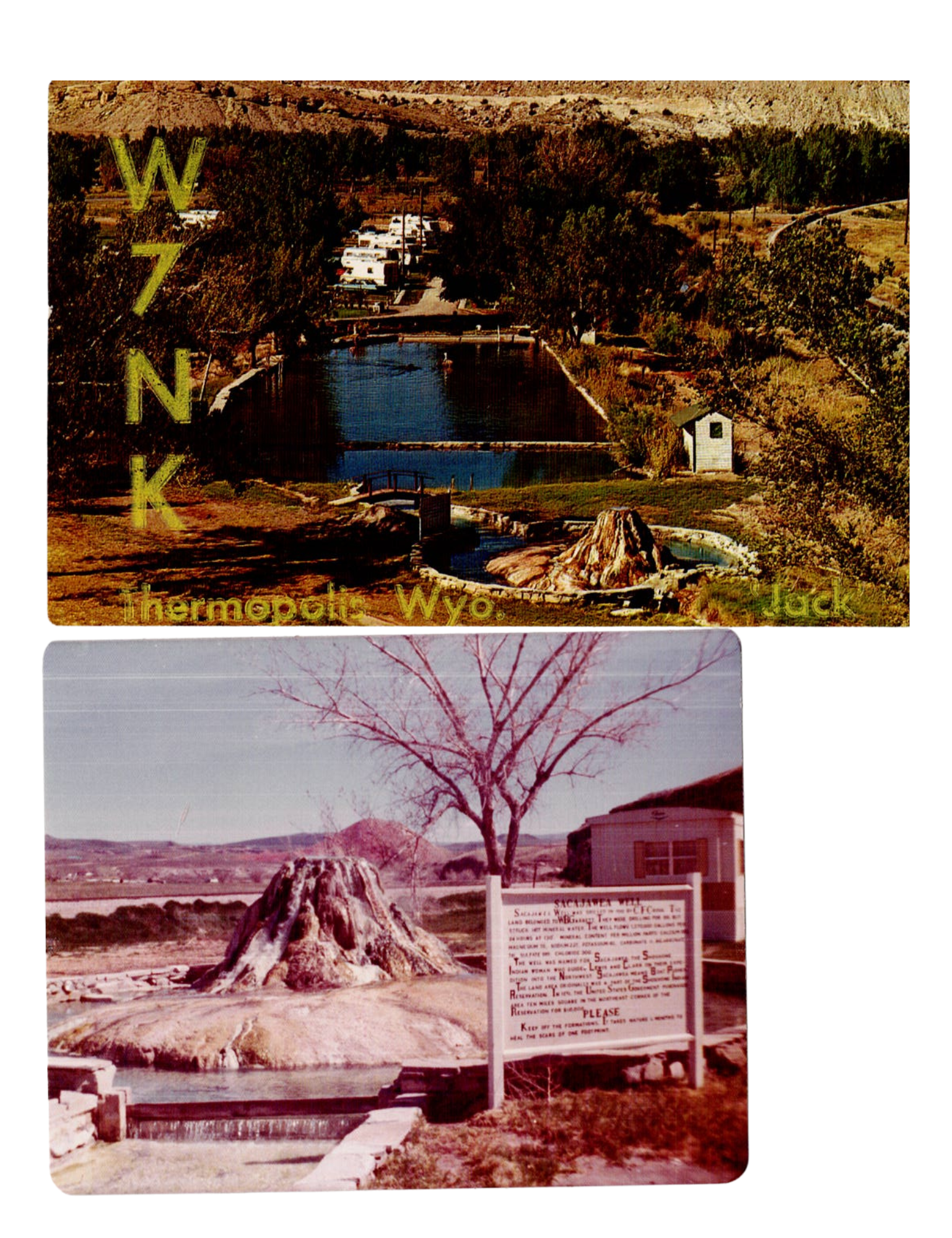 Two images, one showing a scenic view of Thermopolis, Wyoming with a hot spring and a pond, and the other showing a historic mineral hot spring with a sign in a rural area.
