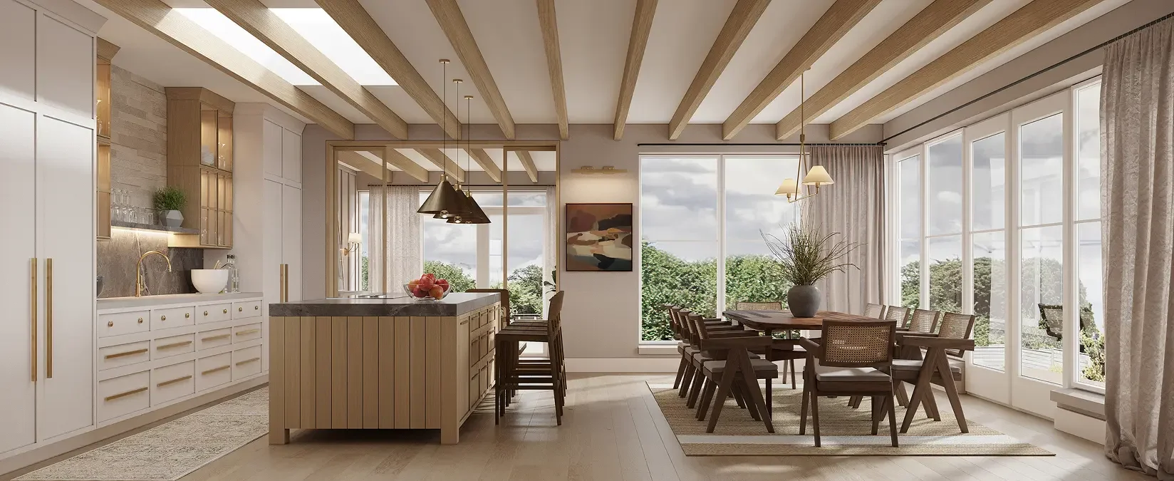 Digital rendering of kitchen and dining room space, with high quality fittings and finishes, and bright open plan living aesthetics.