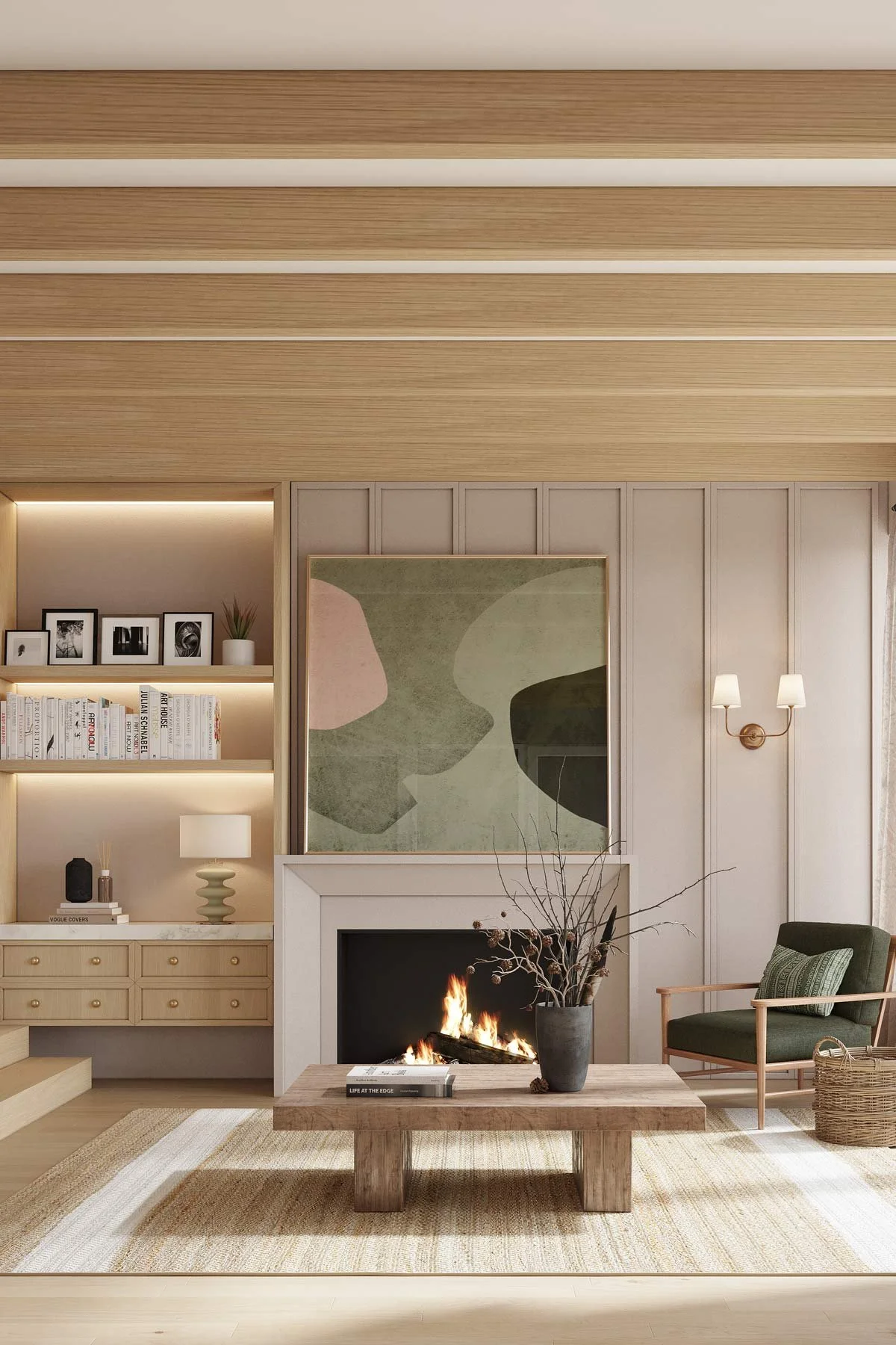 render of interior, with fireplace and wood panelling walls
