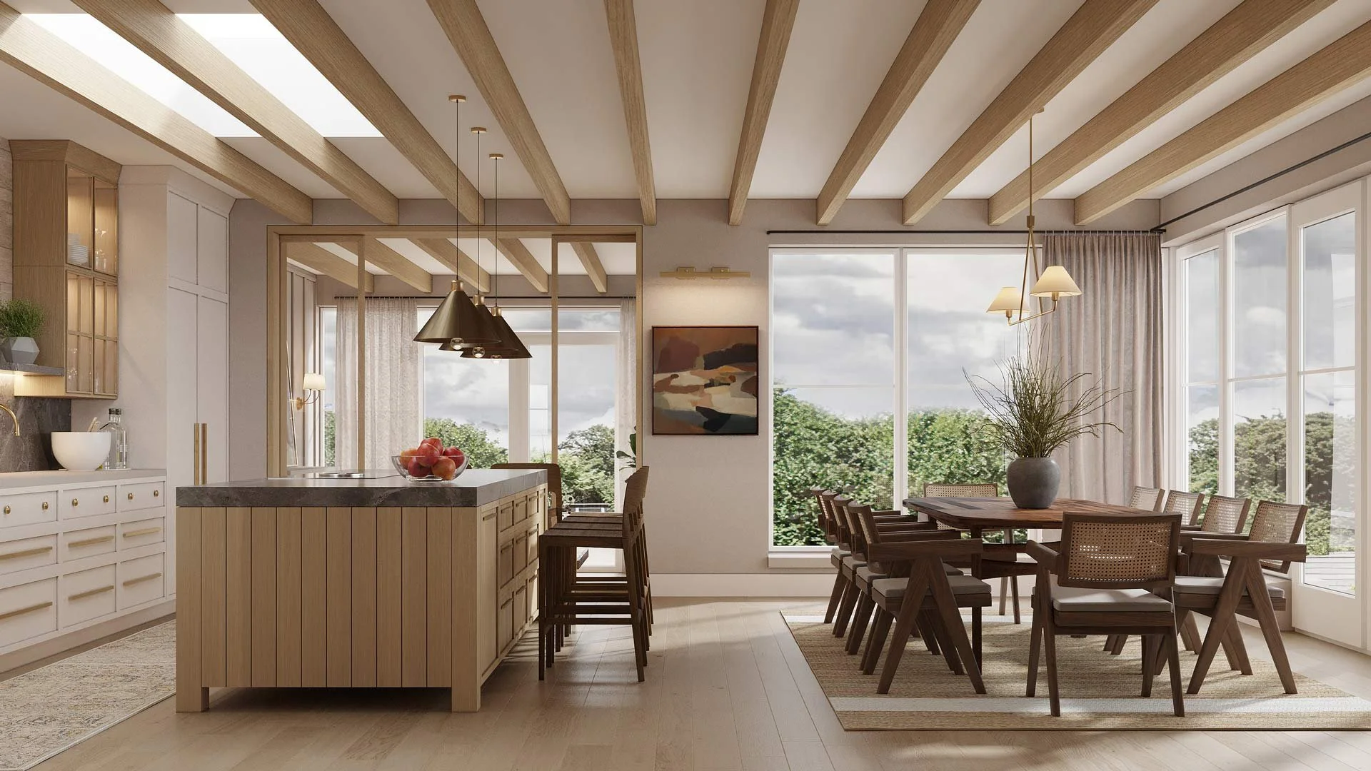 rendered image of kitchen and dining area