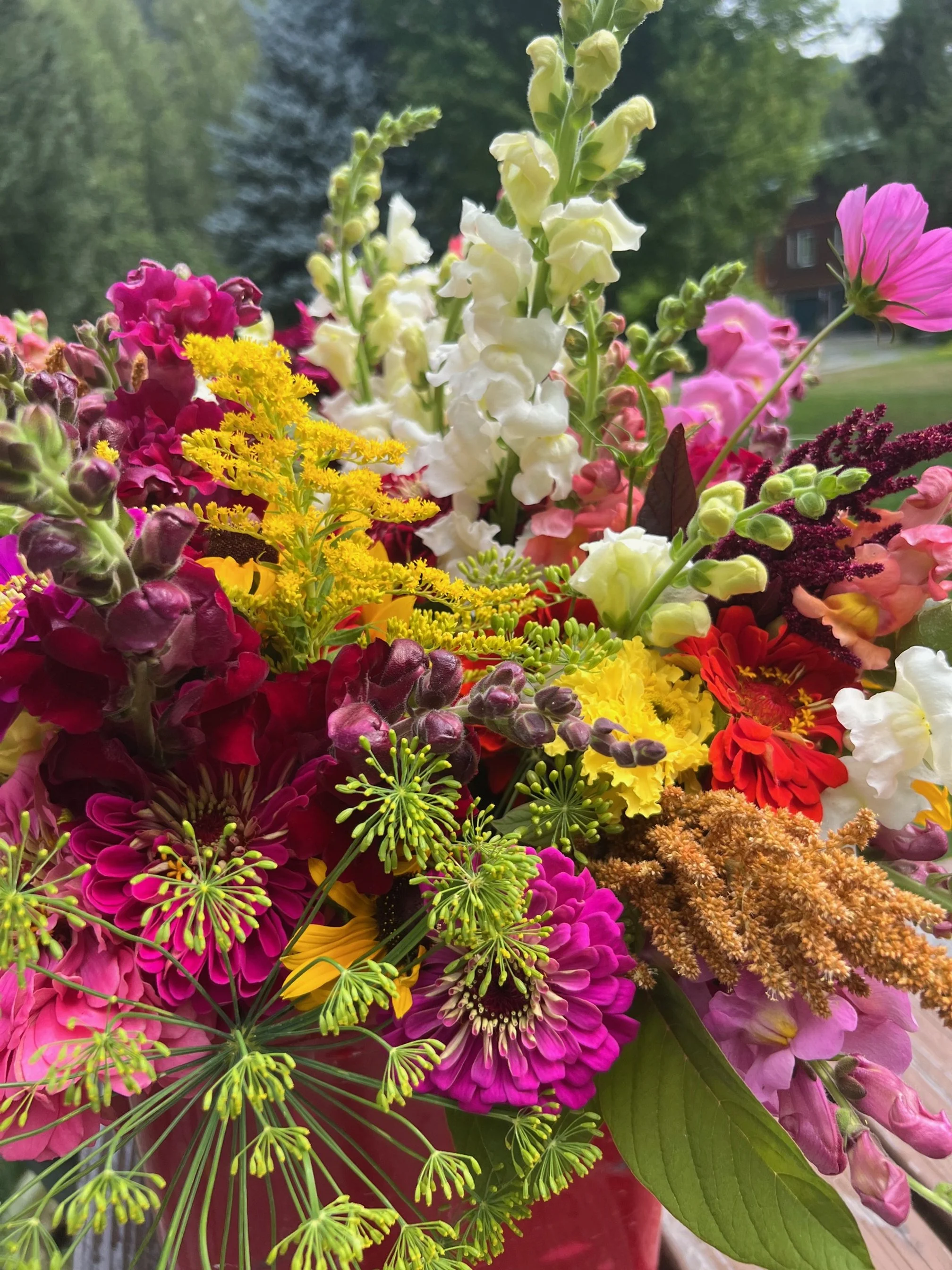 Close-up of a colorful flower bouquet with pink, yellow, white, and purple flowers, and green foliage in a garden setting.