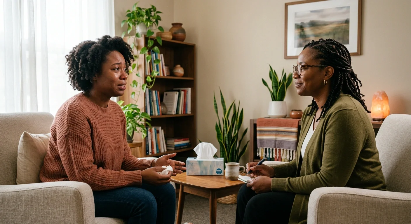 Two women having a counseling session in a living room with plants, books, and warm lighting.