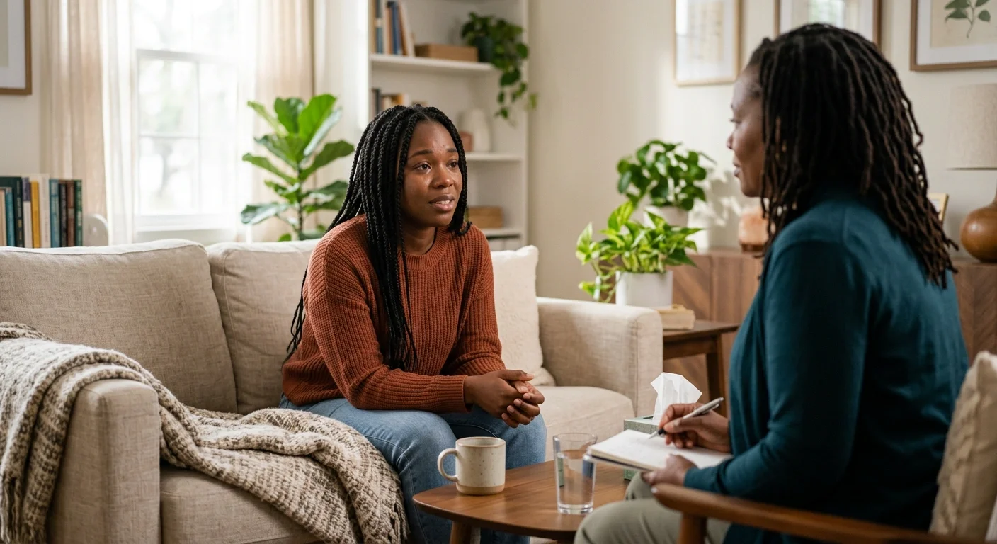 Black woman beginning her first therapy session in a warm, safe space with a compassionate therapist