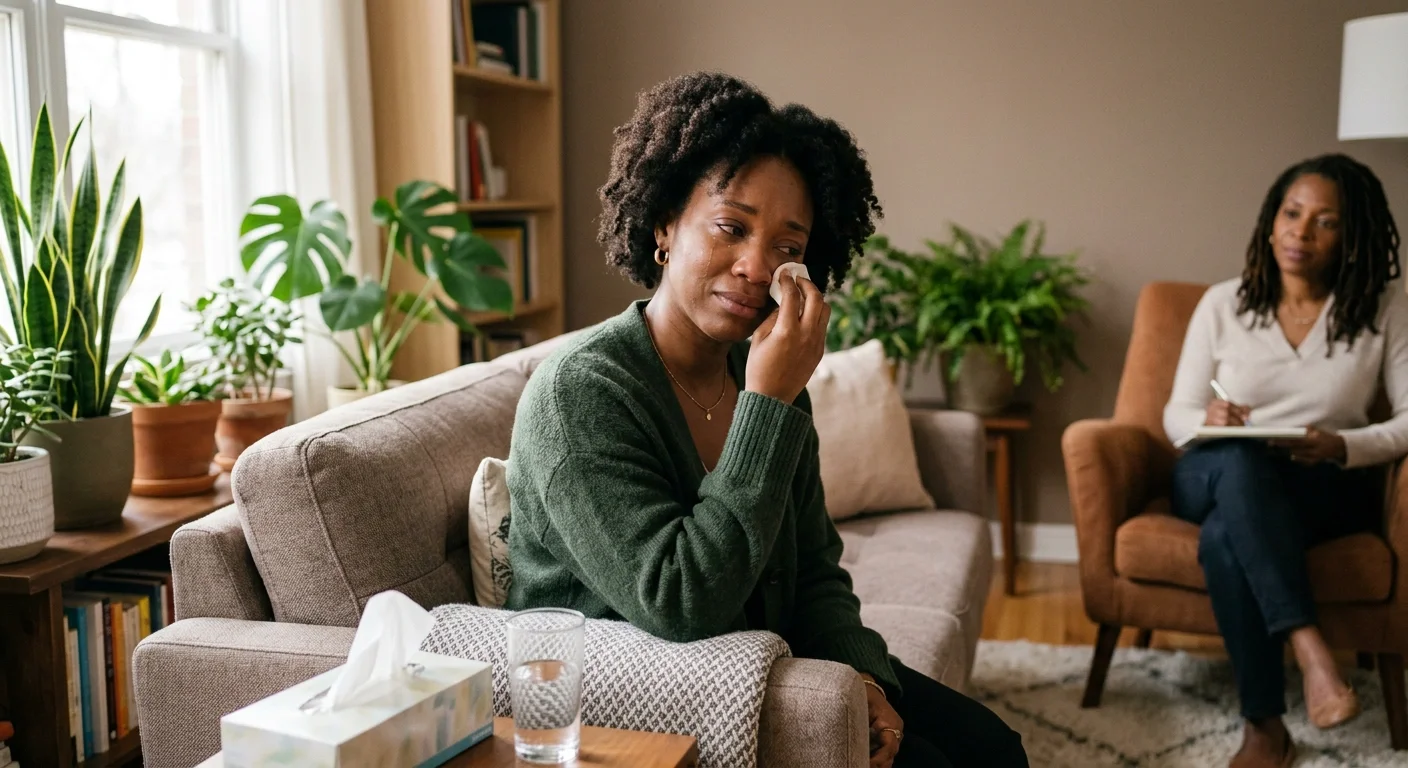 Black woman in therapy session working through trauma and PTSD with a therapist in a safe and supportive space