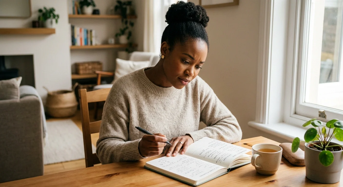 Black woman planning for pregnancy while reflecting on emotions and mental readiness in a peaceful environment